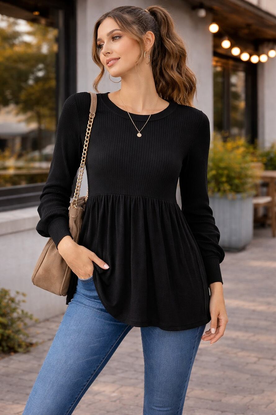 Daisy Fuentes Women’s Y2K Ribbed Knit Peplum Sweater Black Long Sleeve Size S